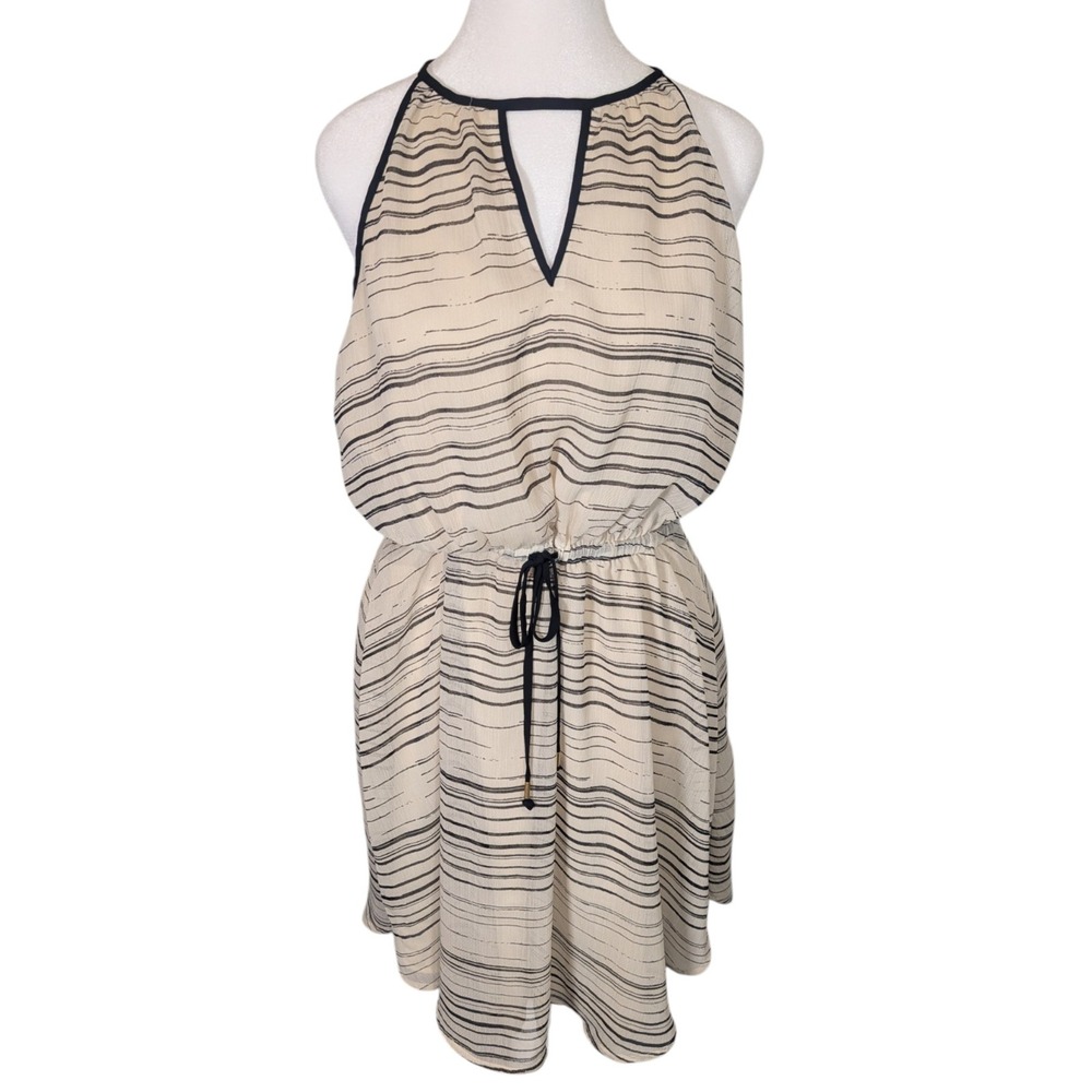 Banana Republic Striped Halter Dress Cream Black Keyhole Neck Drawstring Size 8